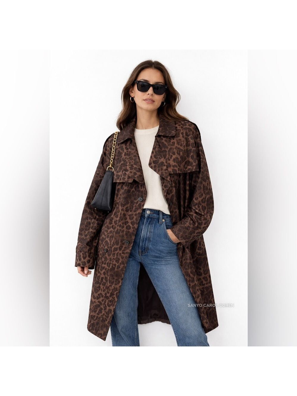 Sanyo Carol Cohen Small Brown Leopard Print Trench Coat Oversized